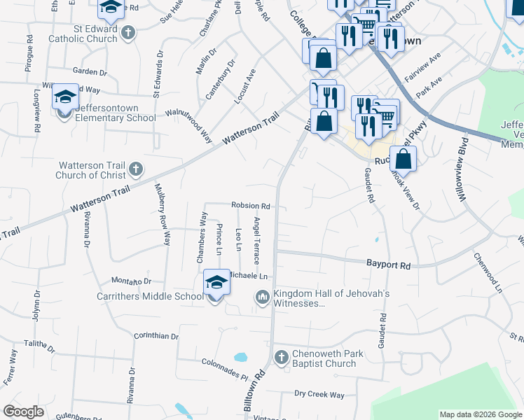 map of restaurants, bars, coffee shops, grocery stores, and more near 4109 Angel Terrace in Jeffersontown