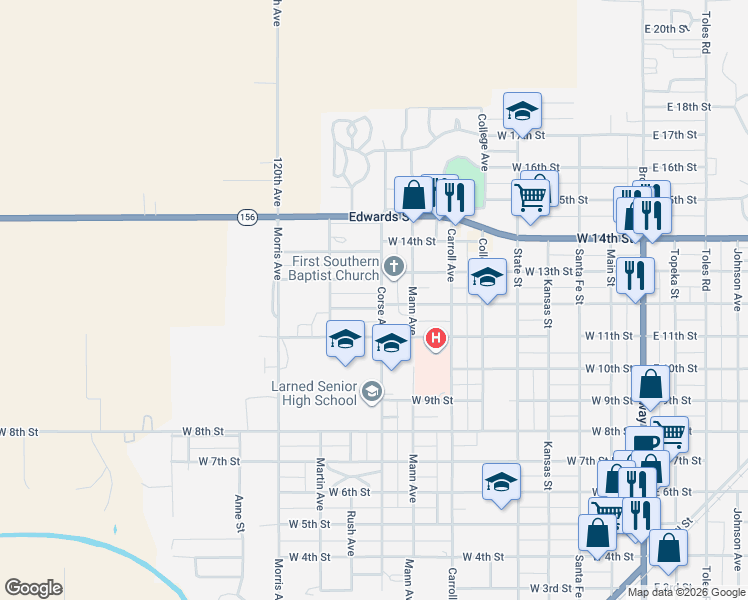 map of restaurants, bars, coffee shops, grocery stores, and more near 1148-1198 Corse Avenue in Larned
