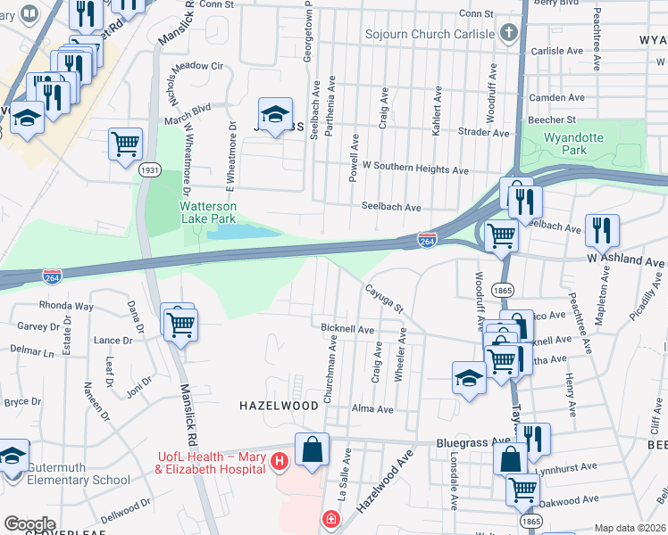 map of restaurants, bars, coffee shops, grocery stores, and more near 4010 Churchman Avenue in Louisville
