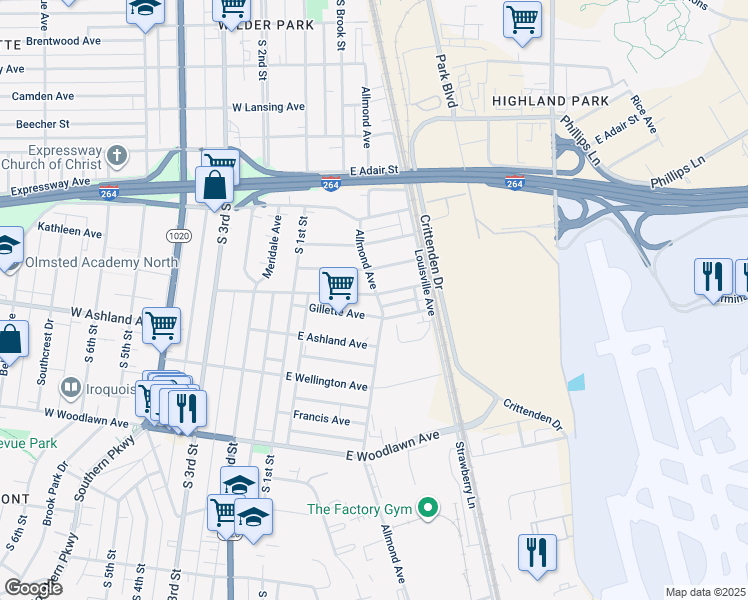 map of restaurants, bars, coffee shops, grocery stores, and more near 201 Hiawatha Avenue in Louisville