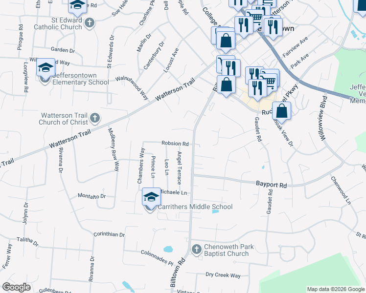 map of restaurants, bars, coffee shops, grocery stores, and more near 4109 Angel Terrace in Jeffersontown