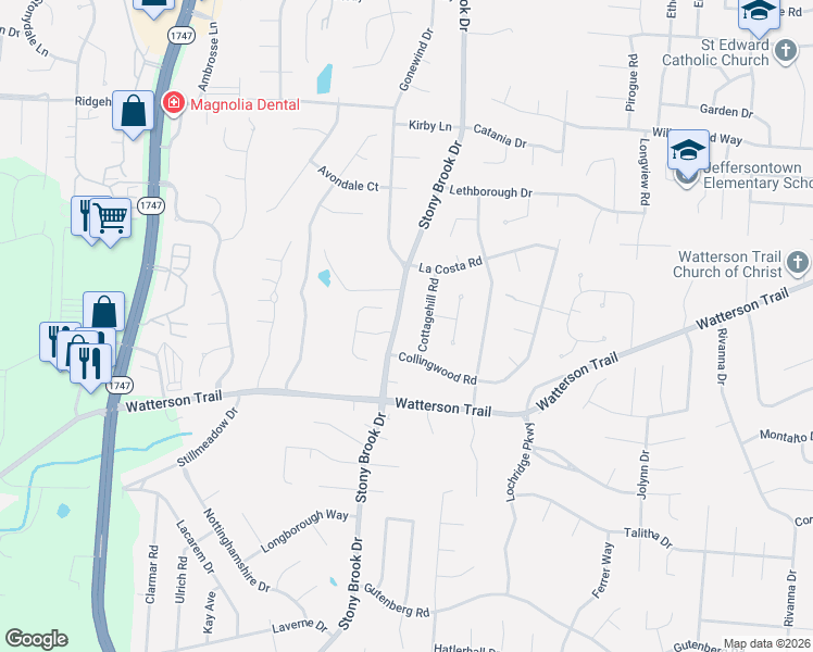 map of restaurants, bars, coffee shops, grocery stores, and more near 4208 Cottagehill Road in Louisville
