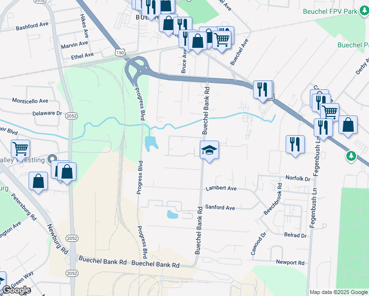 map of restaurants, bars, coffee shops, grocery stores, and more near 4036 Cypress Cove Drive in Louisville
