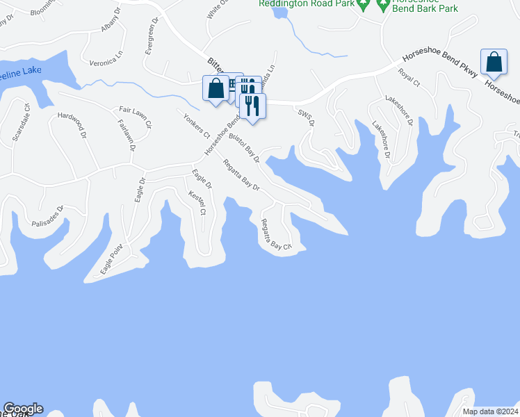map of restaurants, bars, coffee shops, grocery stores, and more near 214 Regatta Bay Drive in Lake Ozark