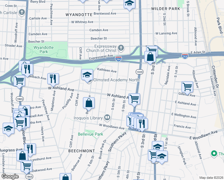 map of restaurants, bars, coffee shops, grocery stores, and more near 4526 South 6th Street in Louisville