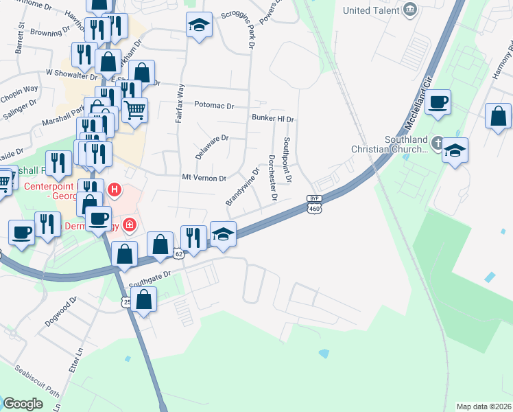 map of restaurants, bars, coffee shops, grocery stores, and more near 1347 Hudson Drive in Georgetown