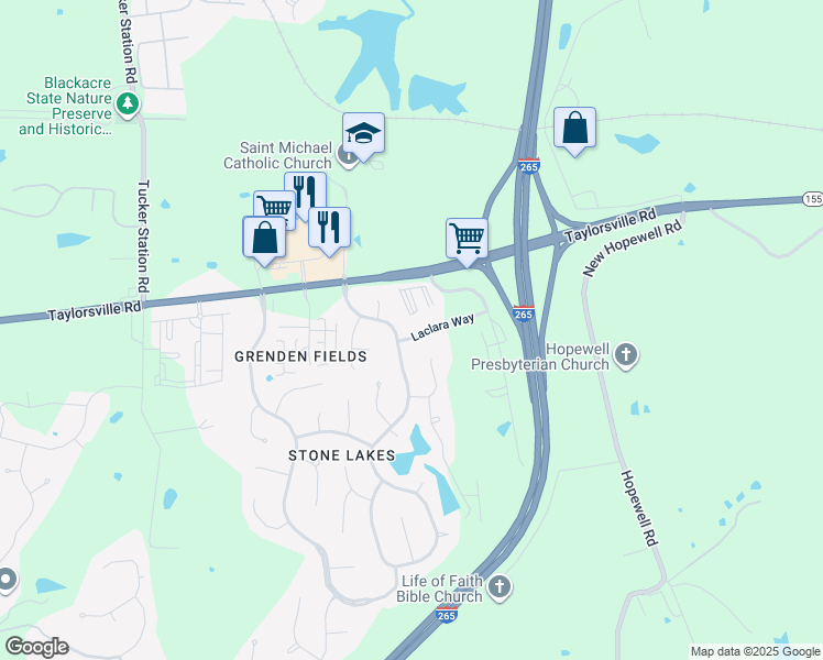 map of restaurants, bars, coffee shops, grocery stores, and more near 12810 Taylorsville Road in Louisville