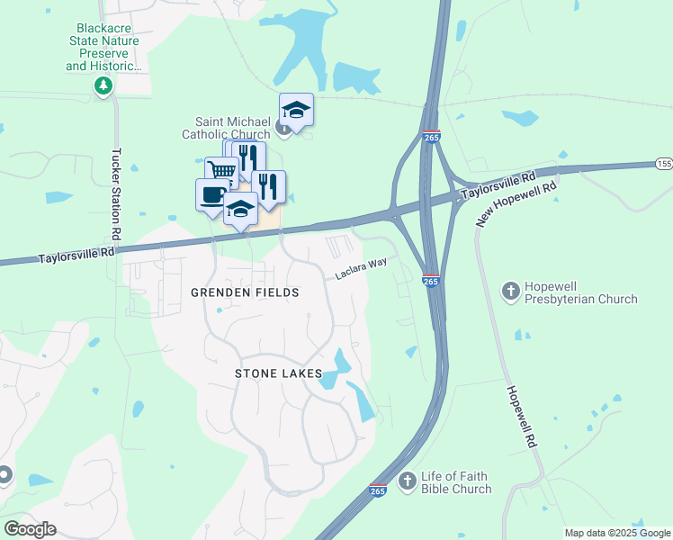 map of restaurants, bars, coffee shops, grocery stores, and more near 12810 Taylorsville Road in Louisville
