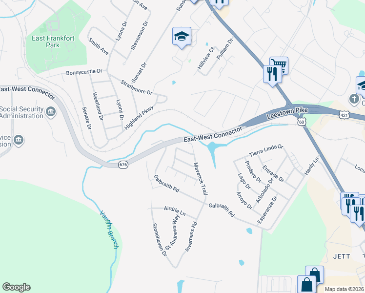 map of restaurants, bars, coffee shops, grocery stores, and more near 1307 Maverick Trail in Frankfort