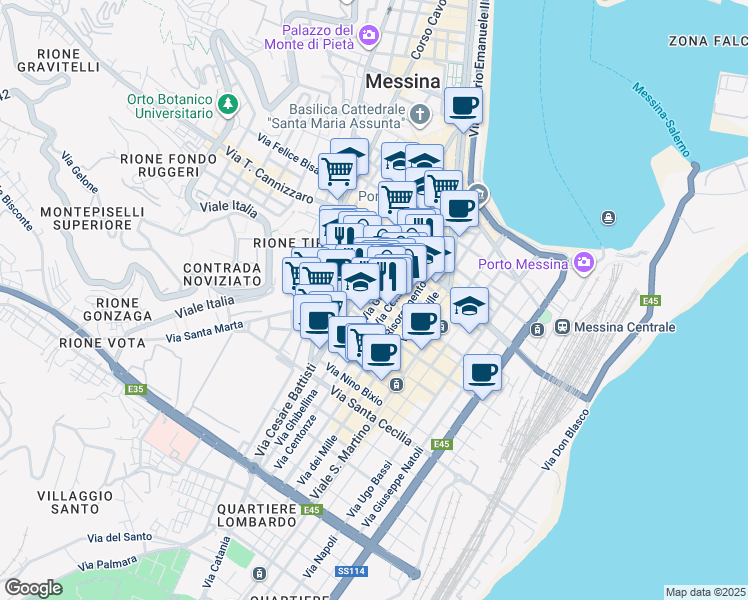 map of restaurants, bars, coffee shops, grocery stores, and more near 121 Via Nicola Fabrizi in Messina