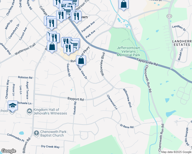map of restaurants, bars, coffee shops, grocery stores, and more near 3904 Pinoak View Court in Louisville