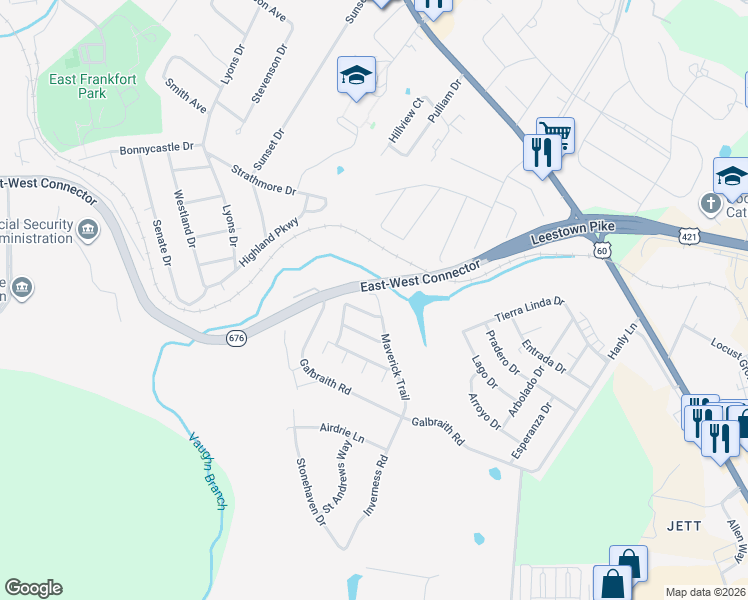 map of restaurants, bars, coffee shops, grocery stores, and more near 1307 Maverick Trail in Frankfort