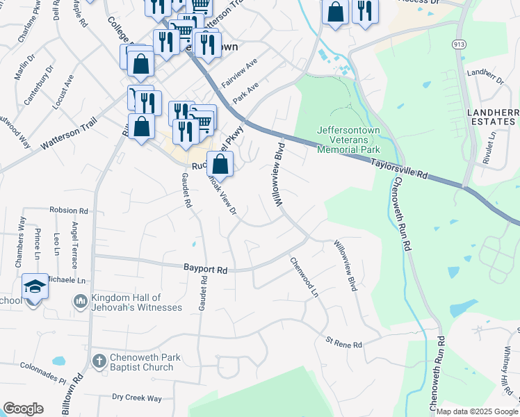 map of restaurants, bars, coffee shops, grocery stores, and more near 3916 Pinoak View Court in Louisville