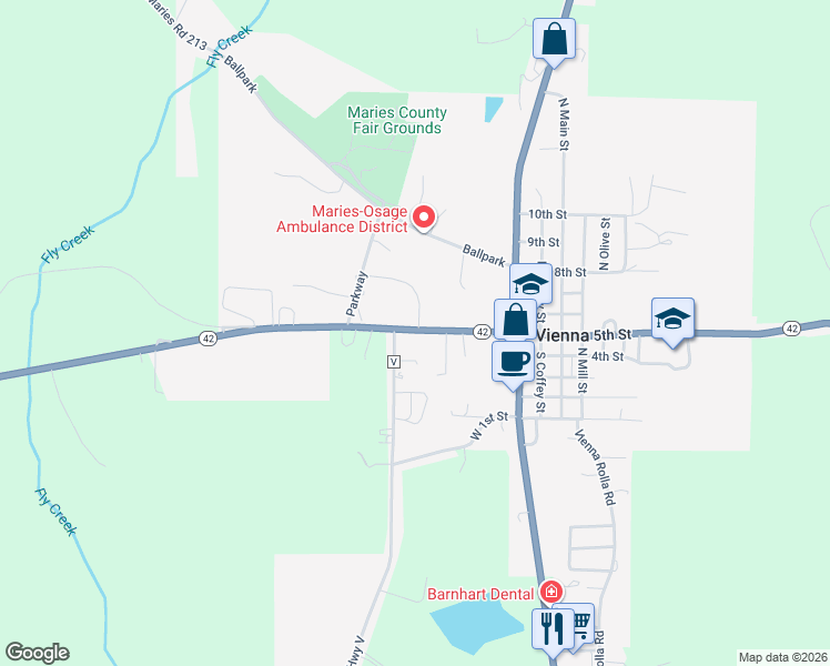 map of restaurants, bars, coffee shops, grocery stores, and more near 155 State Highway 42 in Vienna