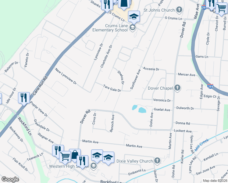 map of restaurants, bars, coffee shops, grocery stores, and more near 3203 Tara Gale Drive in Louisville