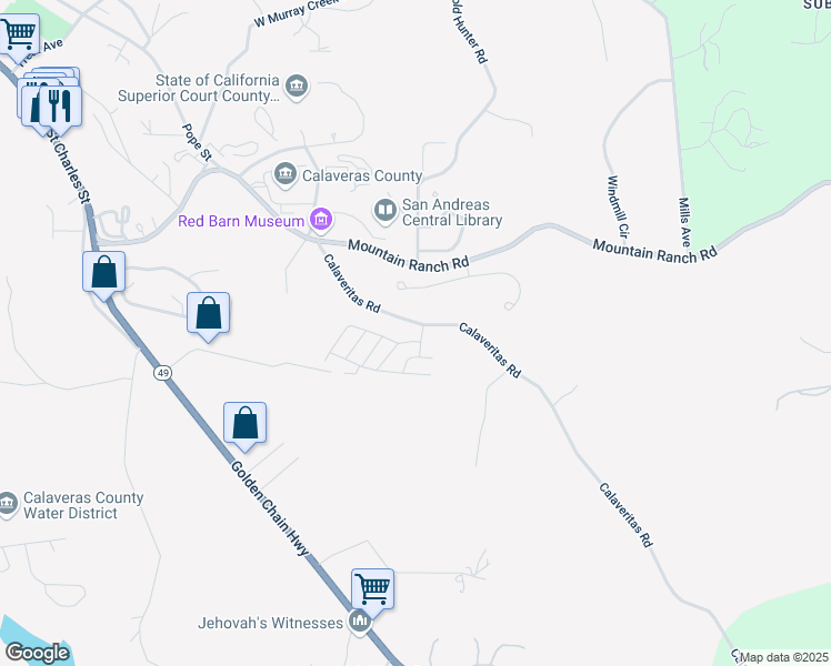 map of restaurants, bars, coffee shops, grocery stores, and more near 1330 Calaveritas Road in San Andreas