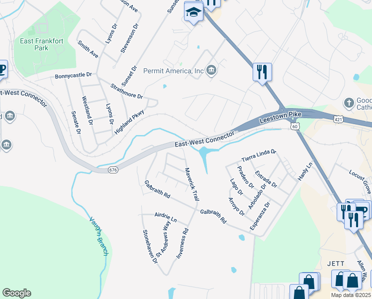 map of restaurants, bars, coffee shops, grocery stores, and more near 1307 Maverick Trail in Frankfort