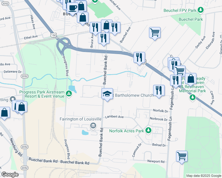 map of restaurants, bars, coffee shops, grocery stores, and more near 2106 Buechel Bank Road in Louisville
