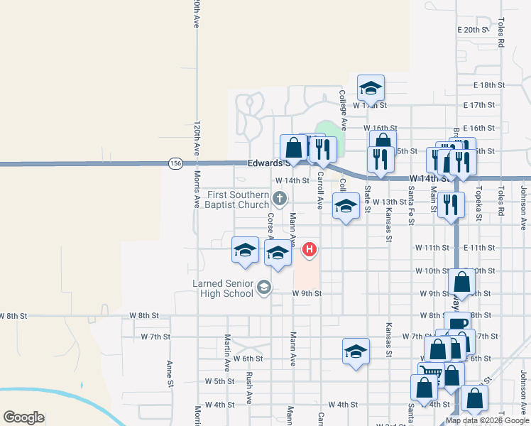 map of restaurants, bars, coffee shops, grocery stores, and more near 901 West 13th Street in Larned