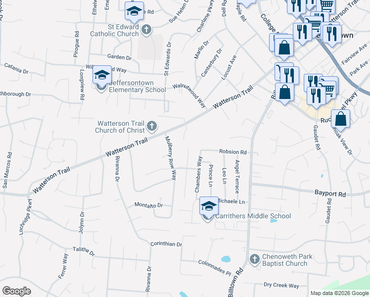 map of restaurants, bars, coffee shops, grocery stores, and more near 3904 Tally Ho Court in Louisville
