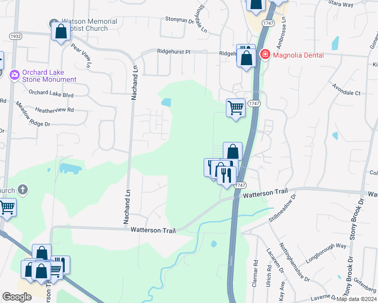 map of restaurants, bars, coffee shops, grocery stores, and more near 8127 Watterson Trail in Jeffersontown
