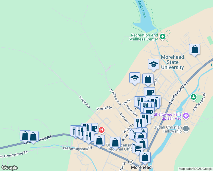 map of restaurants, bars, coffee shops, grocery stores, and more near 496 North Wilson Avenue in Morehead