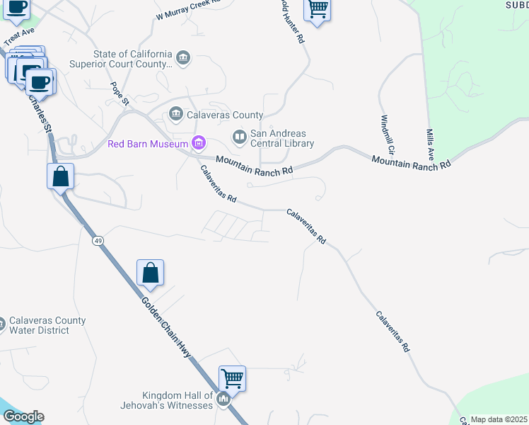 map of restaurants, bars, coffee shops, grocery stores, and more near 1330 Calaveritas Road in San Andreas