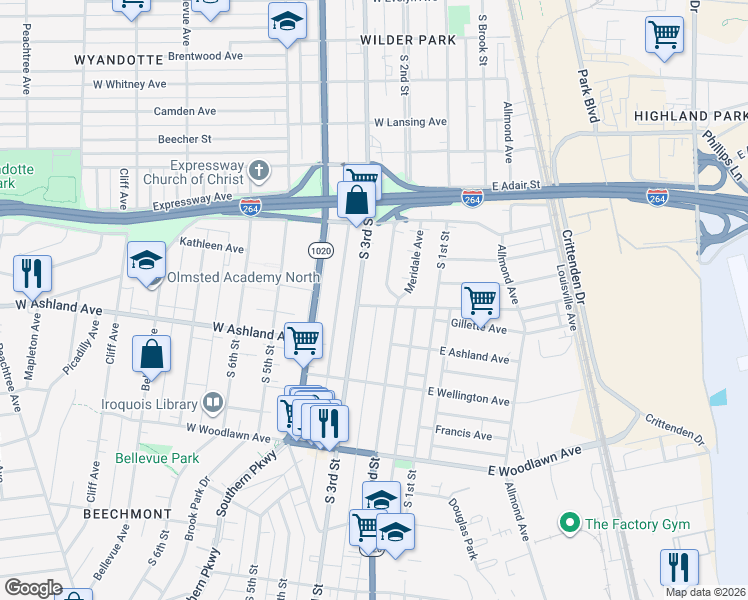 map of restaurants, bars, coffee shops, grocery stores, and more near 4529 South 2nd Street in Louisville