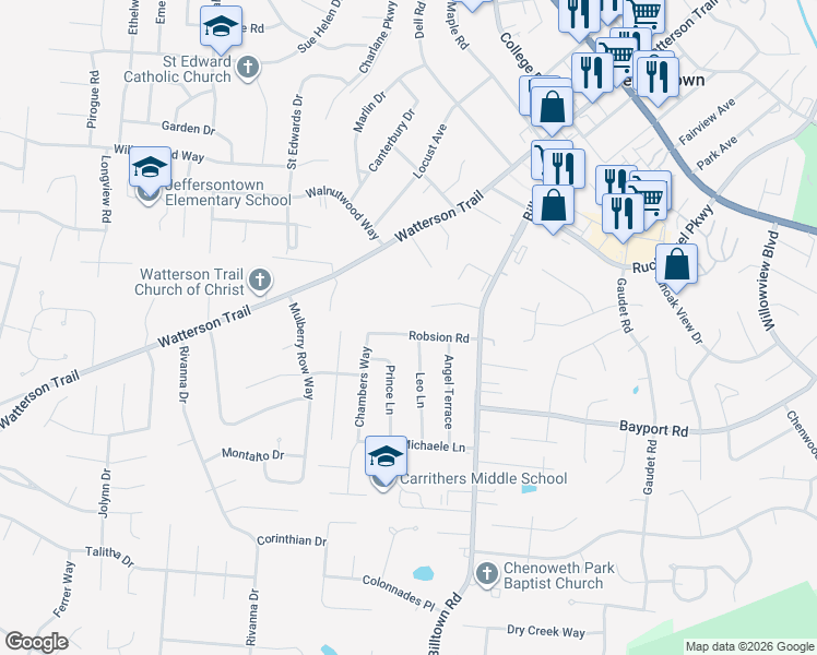 map of restaurants, bars, coffee shops, grocery stores, and more near 10000 Lauralynn Court in Jeffersontown