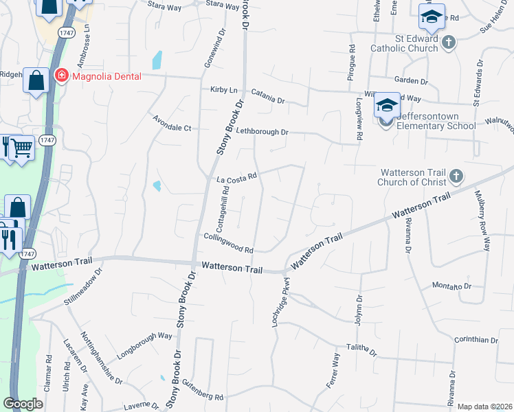 map of restaurants, bars, coffee shops, grocery stores, and more near 4103 San Marcos Road in Louisville