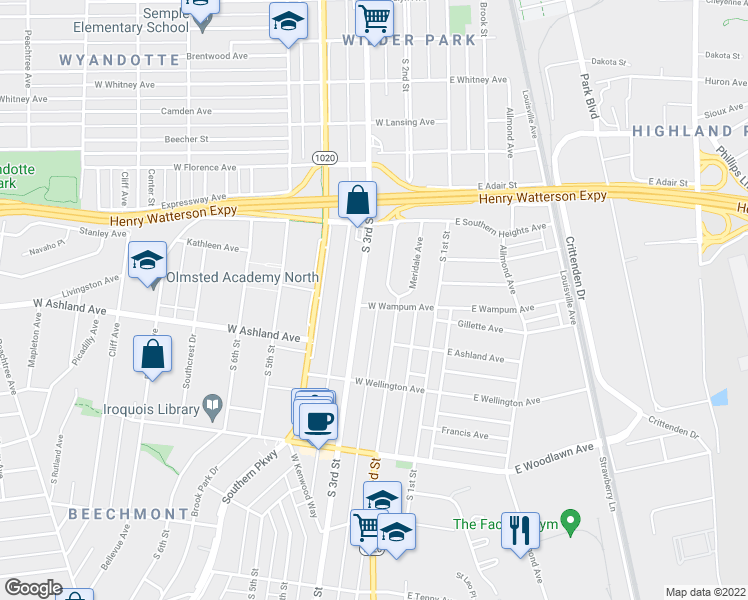 map of restaurants, bars, coffee shops, grocery stores, and more near 4529 South 2nd Street in Louisville