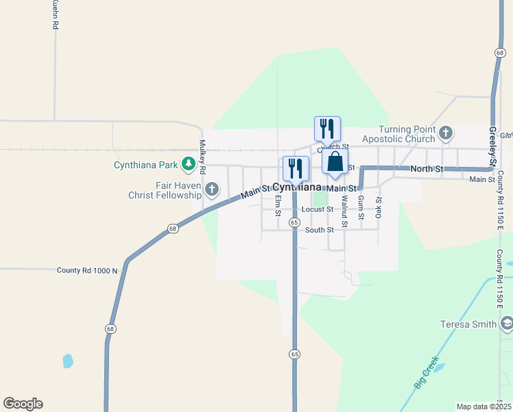 map of restaurants, bars, coffee shops, grocery stores, and more near 10356 Poplar Street in Cynthiana