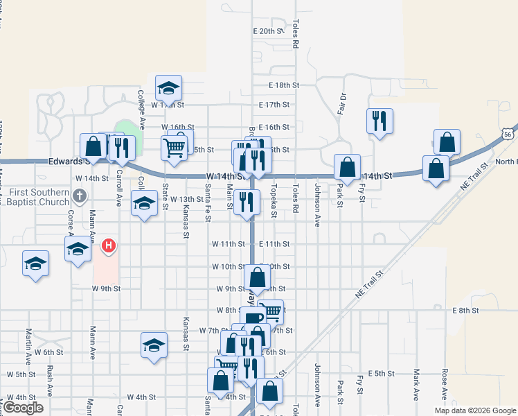 map of restaurants, bars, coffee shops, grocery stores, and more near 153-199 East 13th Street in Larned