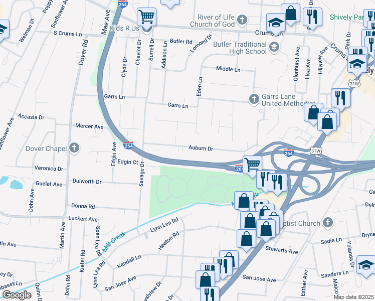 map of restaurants, bars, coffee shops, grocery stores, and more near 2110 Auburn Drive in Louisville