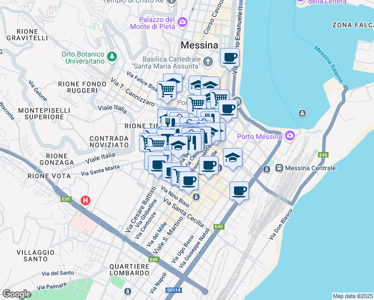 map of restaurants, bars, coffee shops, grocery stores, and more near 121 Via Nicola Fabrizi in Messina