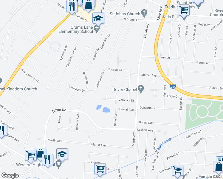 map of restaurants, bars, coffee shops, grocery stores, and more near 4325 Bayberry Drive in Louisville
