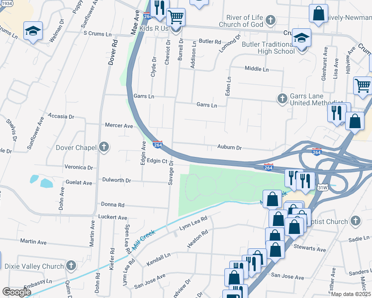 map of restaurants, bars, coffee shops, grocery stores, and more near 2206 Auburn Drive in Louisville