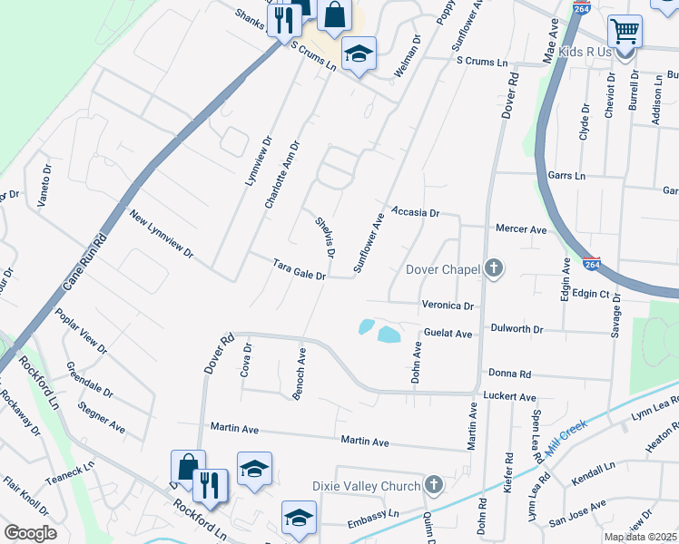 map of restaurants, bars, coffee shops, grocery stores, and more near 3105 Tara Gale Drive in Louisville