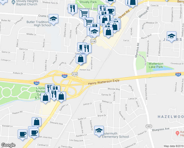 map of restaurants, bars, coffee shops, grocery stores, and more near 1708 Herbert Avenue in Louisville