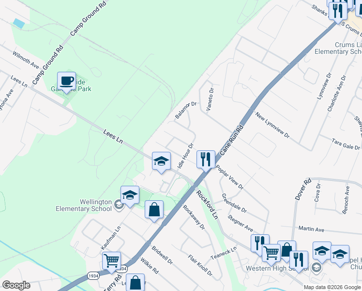 map of restaurants, bars, coffee shops, grocery stores, and more near 4701 Zilma Drive in Louisville