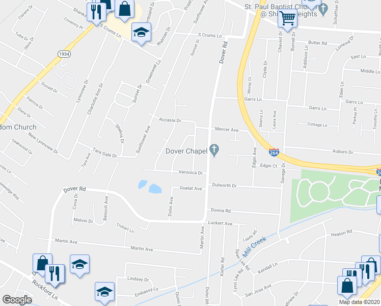 map of restaurants, bars, coffee shops, grocery stores, and more near 4316 Diamond Way in Louisville