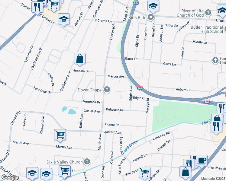 map of restaurants, bars, coffee shops, grocery stores, and more near 2417 Sunshine Way in Louisville