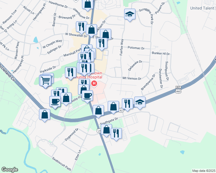 map of restaurants, bars, coffee shops, grocery stores, and more near 1355 Whig Court in Georgetown