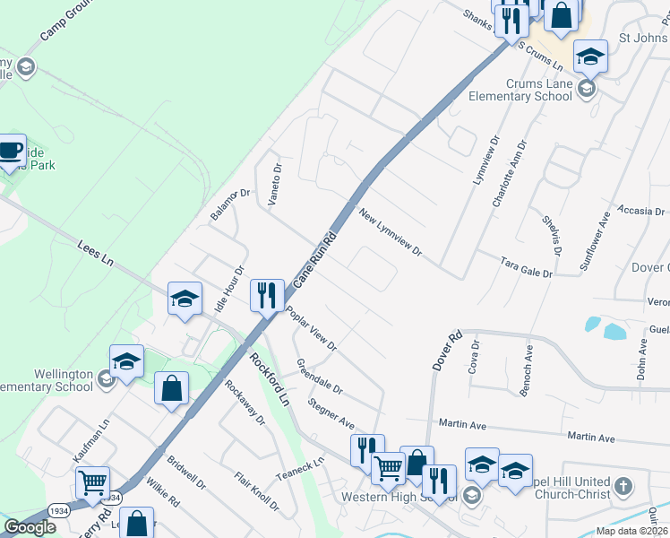 map of restaurants, bars, coffee shops, grocery stores, and more near 3221 Teakwood Circle in Louisville