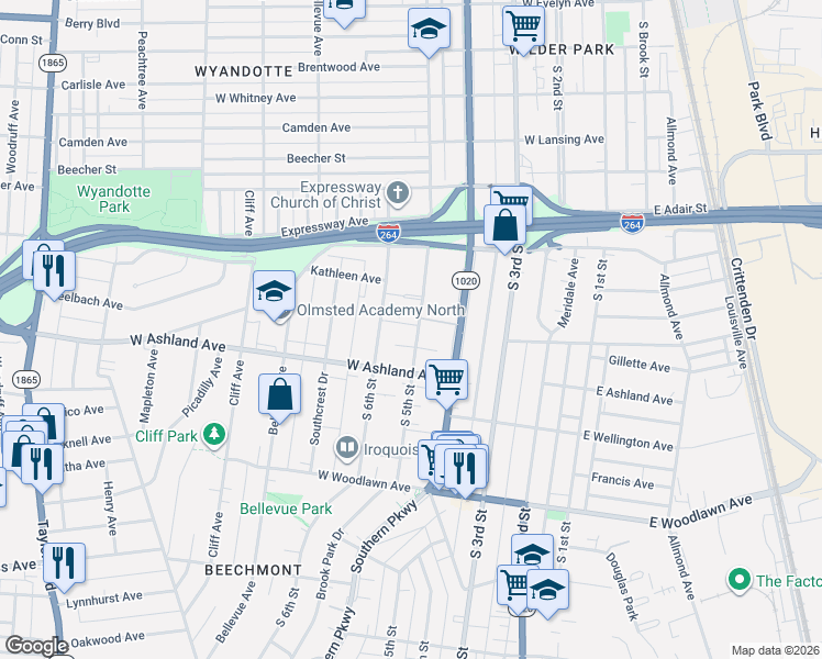 map of restaurants, bars, coffee shops, grocery stores, and more near 6 Maple Court in Louisville