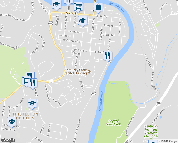 map of restaurants, bars, coffee shops, grocery stores, and more near 700 Capitol Avenue Loop in Frankfort