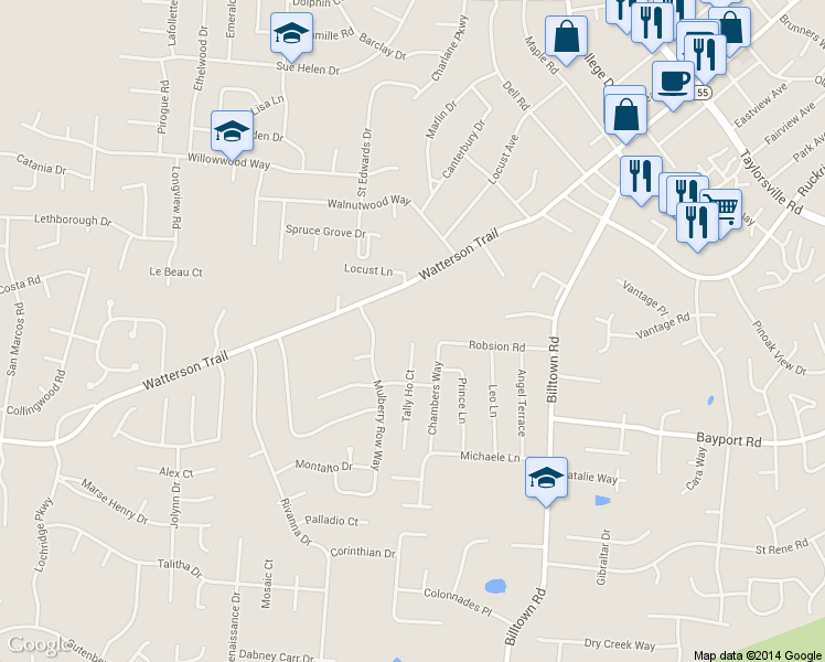 map of restaurants, bars, coffee shops, grocery stores, and more near 3900 Tally Ho Court in Louisville