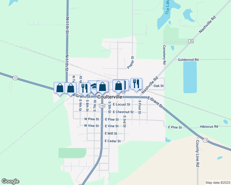 map of restaurants, bars, coffee shops, grocery stores, and more near 115 North 4th Street in Coulterville