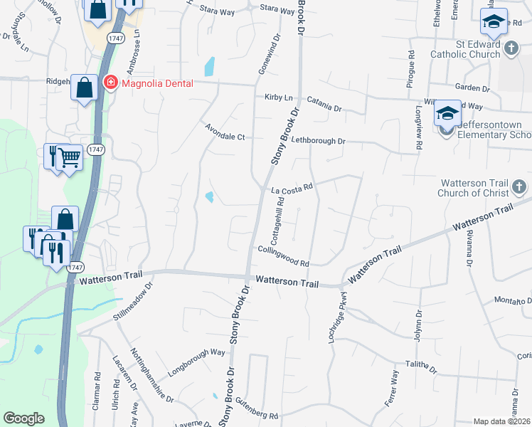 map of restaurants, bars, coffee shops, grocery stores, and more near 4106 Cottagehill Road in Jeffersontown