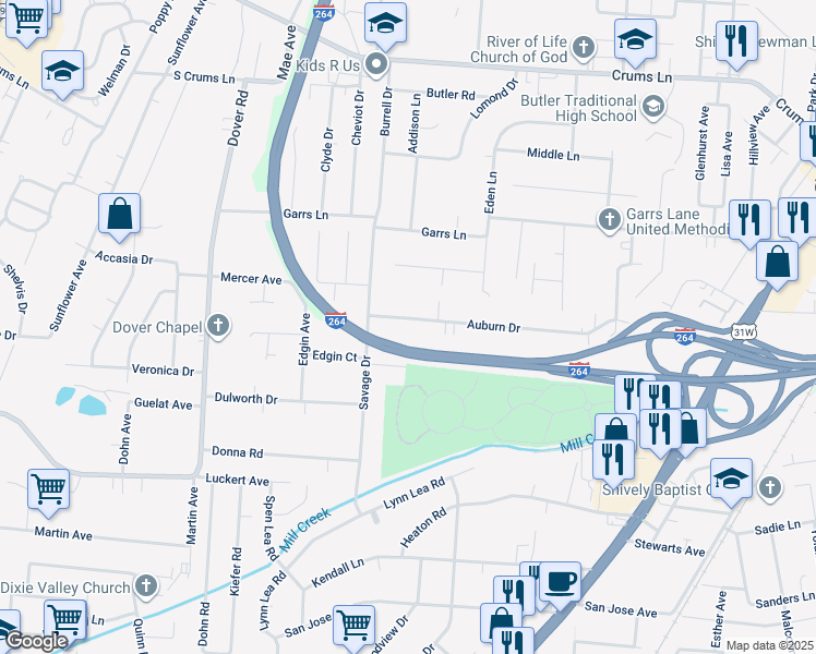 map of restaurants, bars, coffee shops, grocery stores, and more near 2206 Auburn Drive in Louisville